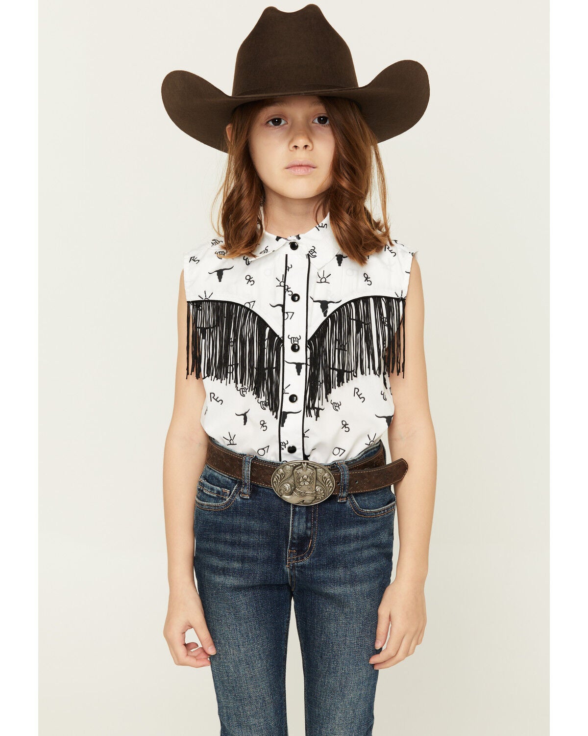 Cowgirl Hardware Girls' Branding Iron Fringe Sleeveless Snap Western Shirt, Black/white, hi-res