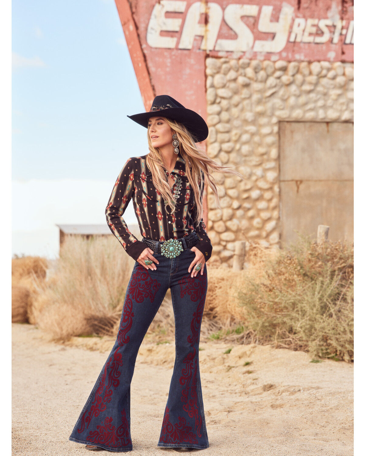 Image #1 - Wrangler X Lainey Wilson Women's Southwestern Print Long Sleeve Snap Western Shirt, Black, hi-res