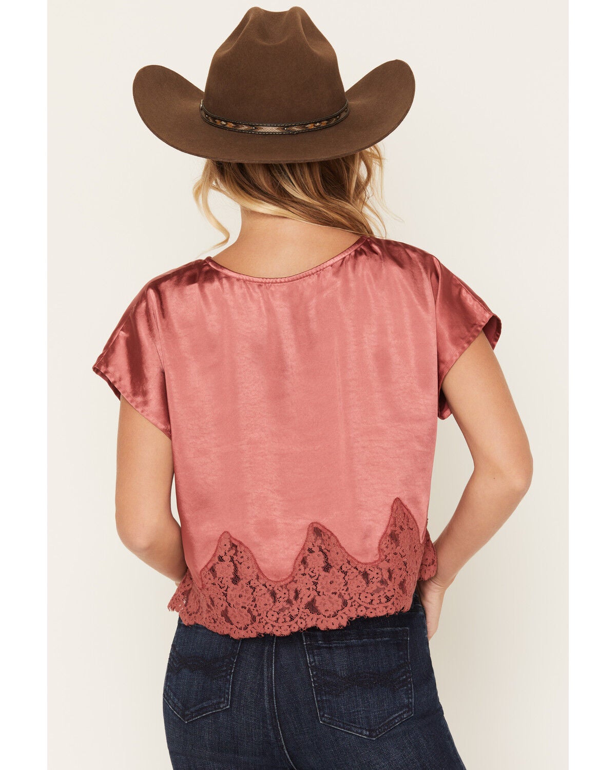 Image #4 - By Together Women's Solid Satin Lace Trim Short Sleeve Shirt, Red, hi-res