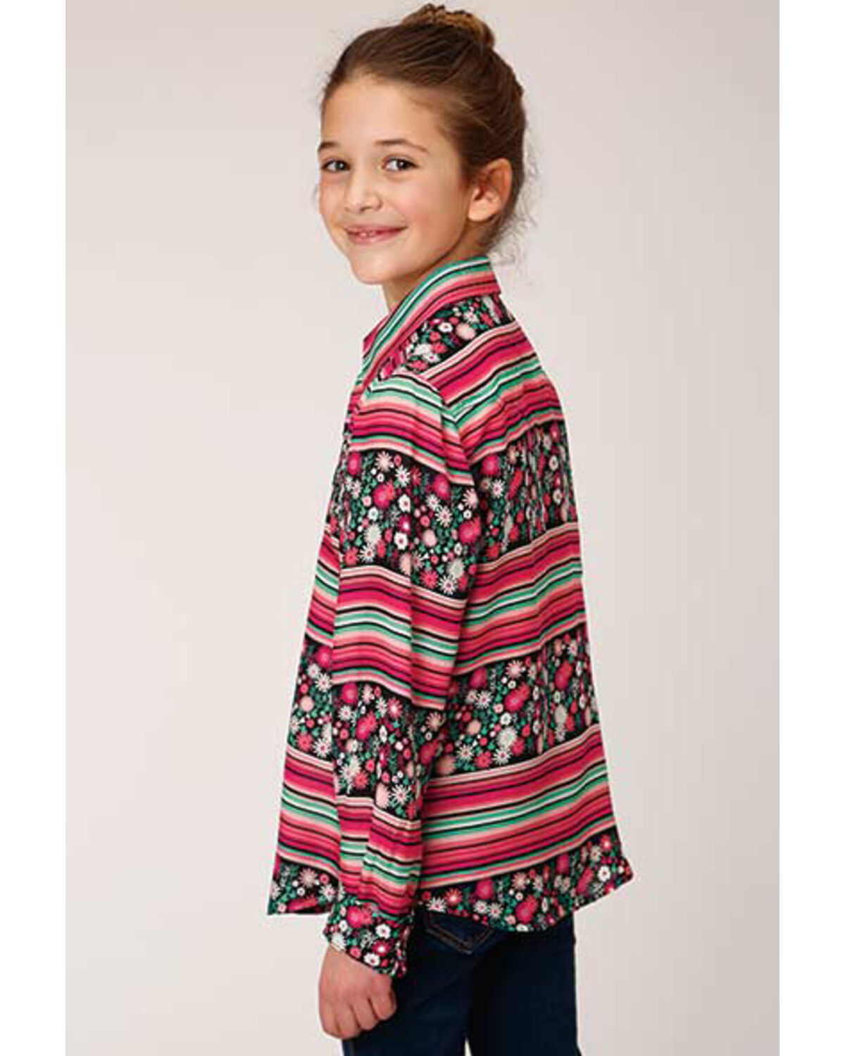 Image #2 - Roper Girls' Multi Floral and Stripe Long Sleeve Snap Western Shirt, Multi, hi-res