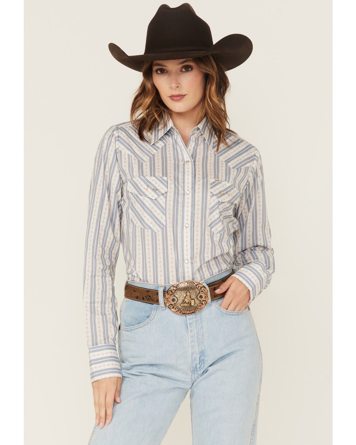 Cowboygirl by Jenna Paulette Women's Wallpaper Long Sleeve Pearl Snap Western Shirt, Blue, hi-res