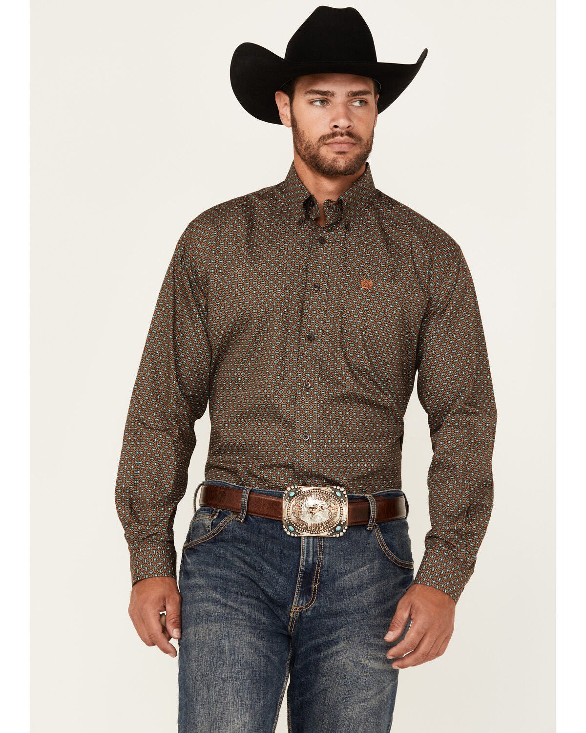Cinch Men's Geo Print Long Sleeve Button-Down Western Shirt, Brown, hi-res