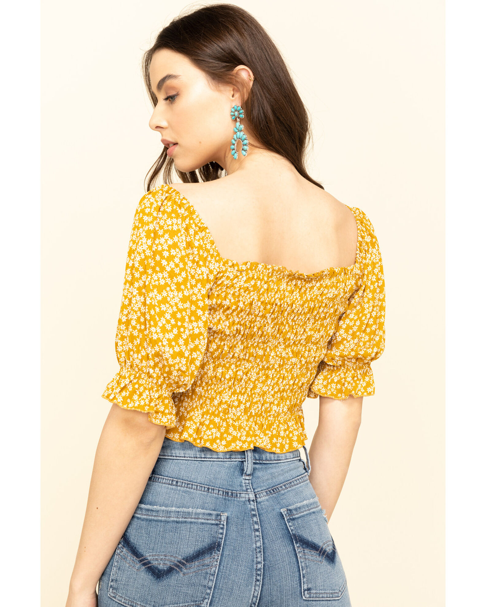 Image #5 - Loveriche Women's Floral Print Smocked Crop Top, Mustard, hi-res