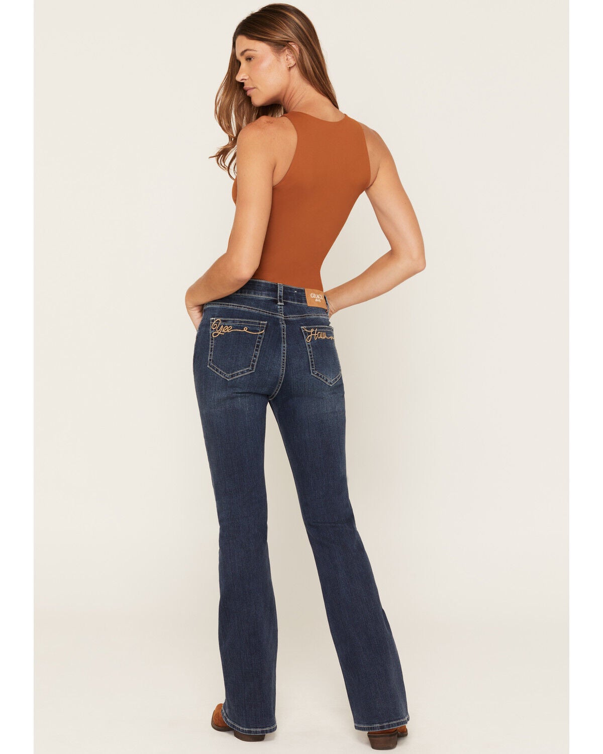 Grace in LA Women's Dark Wash Yeehaw Pocket Flare Stretch Denim Jeans, Dark Wash, hi-res