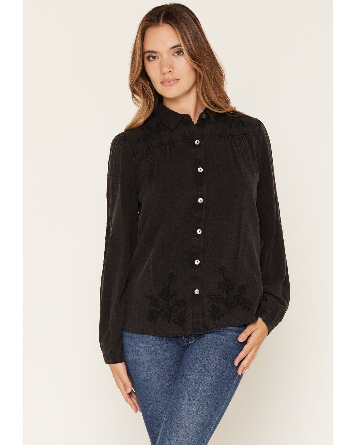 Image #1 - Lovestitch Women's Floral Embroidered Long Sleeve Button-Down Western Shirt, Black, hi-res