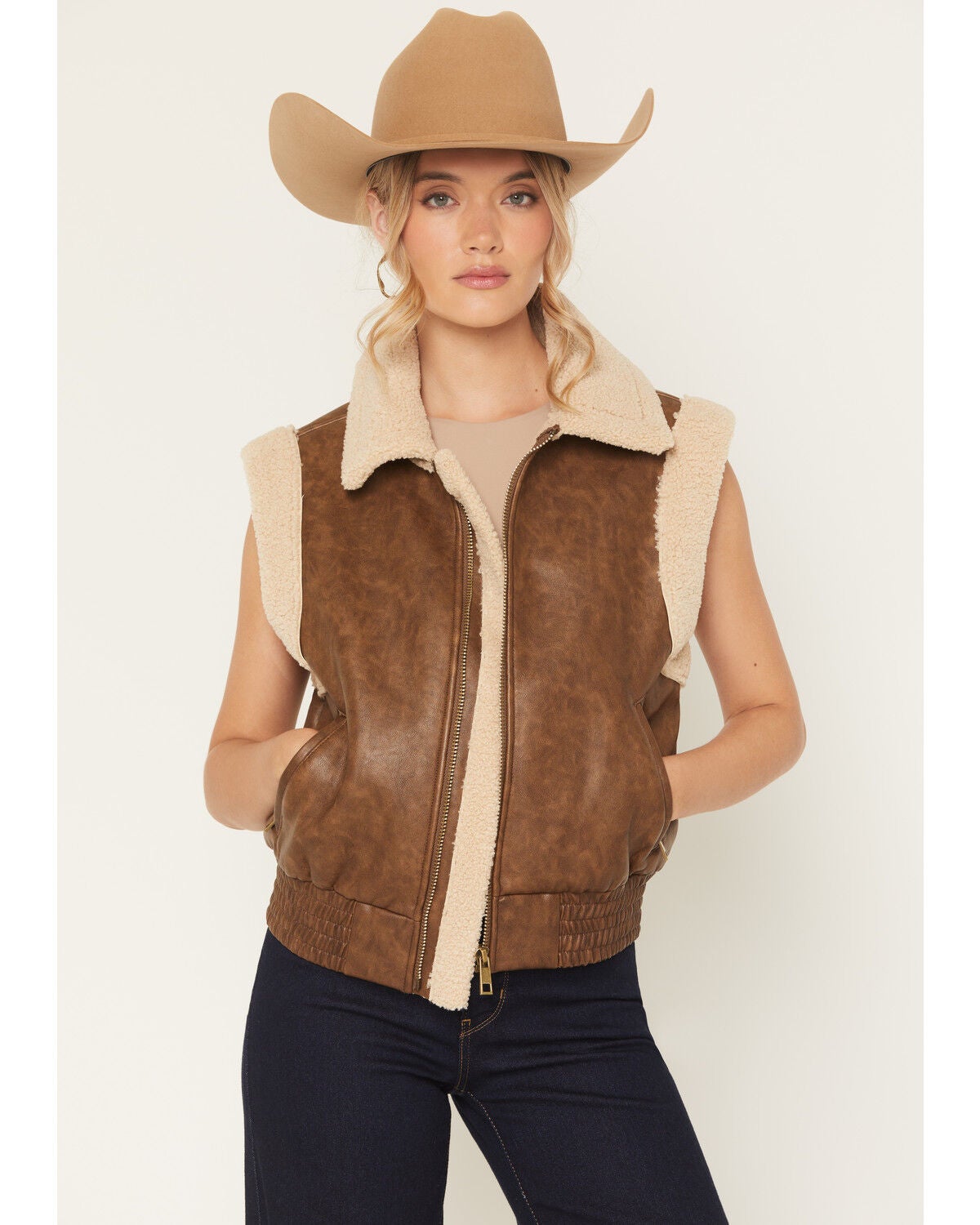 Ashley Women's Faux Leather Shearling Aviator Vest, Brown, hi-res