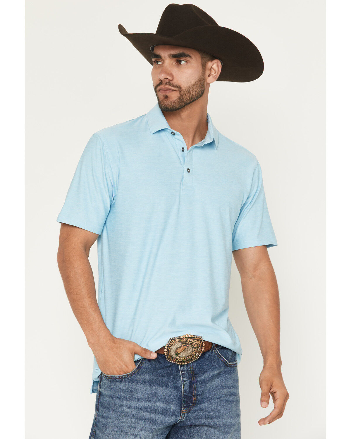 Image #1 - Ariat Men's Charger 2.0 Short Sleeve Fitted Polo Shirt, Light Blue, hi-res