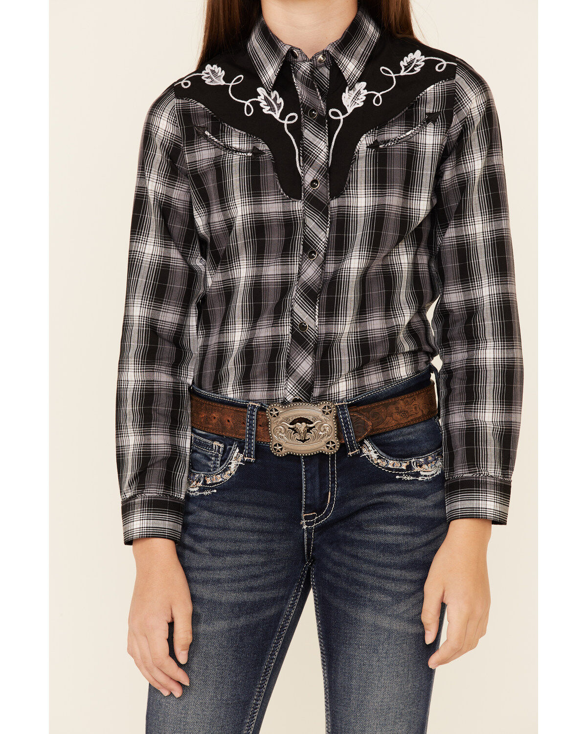 Image #3 - Roper Girls' Plaid Print Fancy Applique Yoke Long Sleeve Snap Western Shirt, Black, hi-res