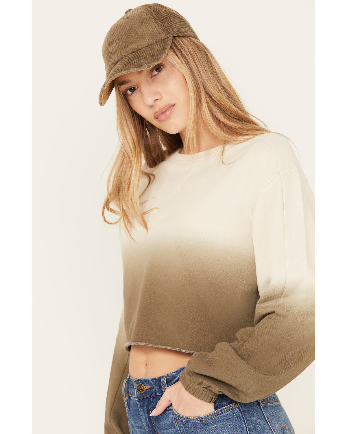 Image #2 - Cleo + Wolf Women's Ombre Cropped Dolman Sweatshirt, Sage, hi-res