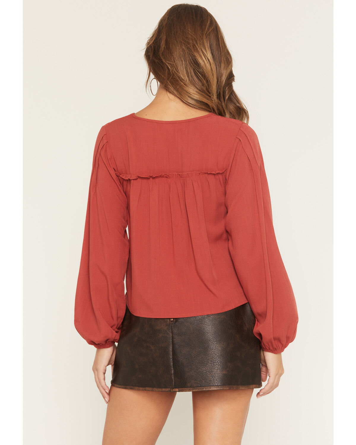 Image #4 - Eyeshadow Women's Long Sleeve Lace Contrast Peasant Top, Red, hi-res