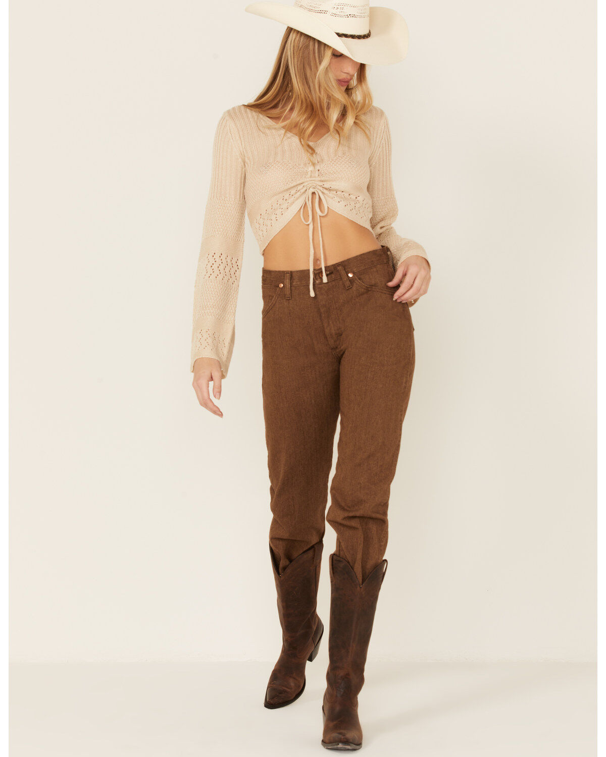Image #4 - Lush Clothing Cinch Front Pointelle Bell Sleeve Top, Oatmeal, hi-res