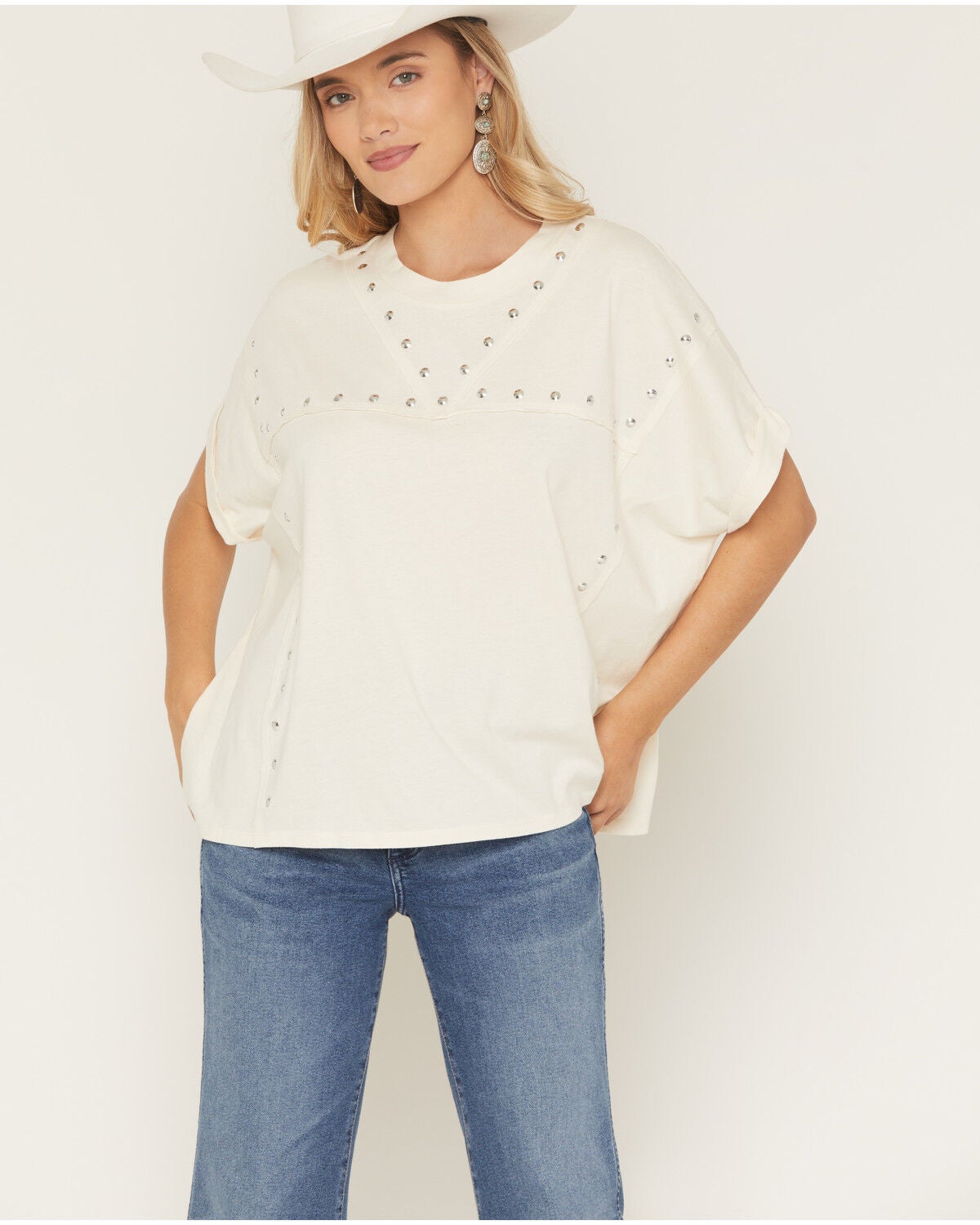 Image #1 - Blended Women's Studded Poncho Tee, White, hi-res