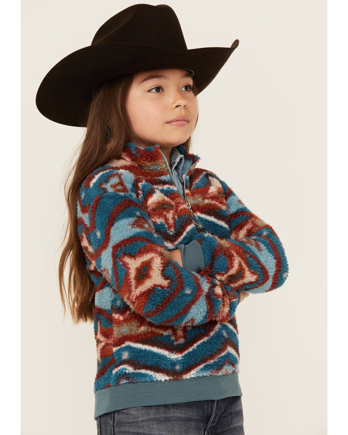 Image #2 - Rock & Roll Denim Girls' Southwestern Print Sherpa Pullover, Blue, hi-res