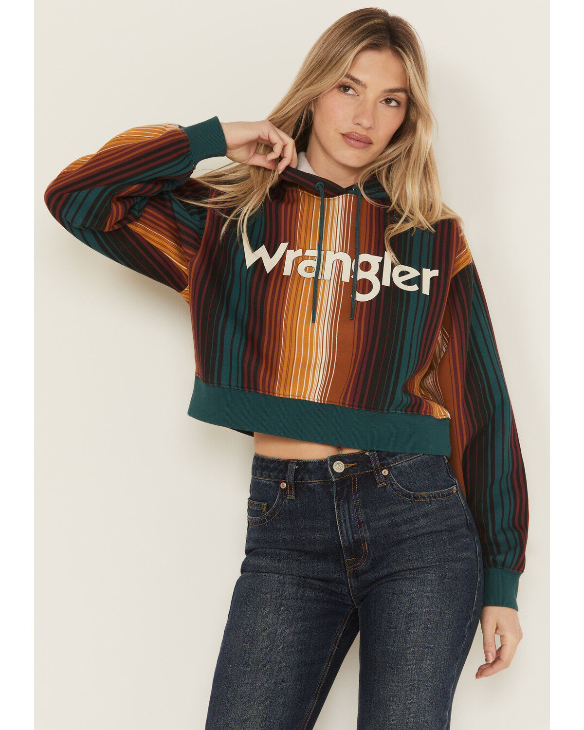 Image #1 - Wrangler Retro Women's Serape Striped Logo Cropped Hoodie, Teal, hi-res