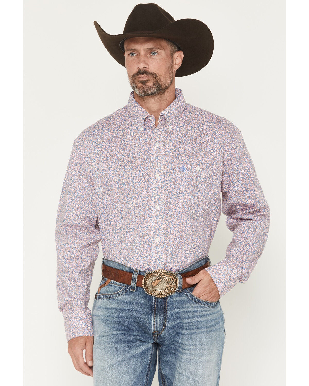 Wrangler Men's Paisley Print Long Sleeve Button-Down Stretch Western Shirt - Big, Red, hi-res