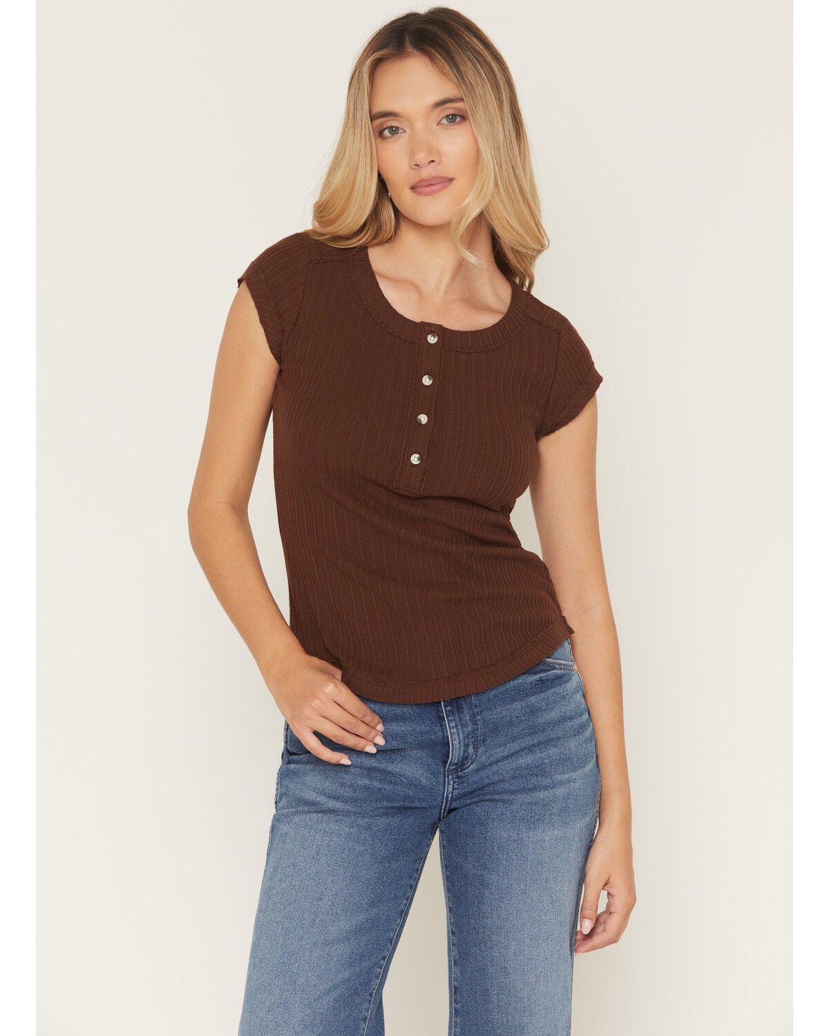 Shyanne Women's Solid Short Sleeve 1/4 Button-Down Shirt, Chocolate, hi-res