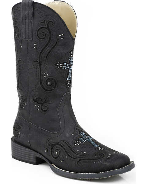 Roper Women's Bling Crystal Cross Faux Leather Western Boots, Black, hi-res