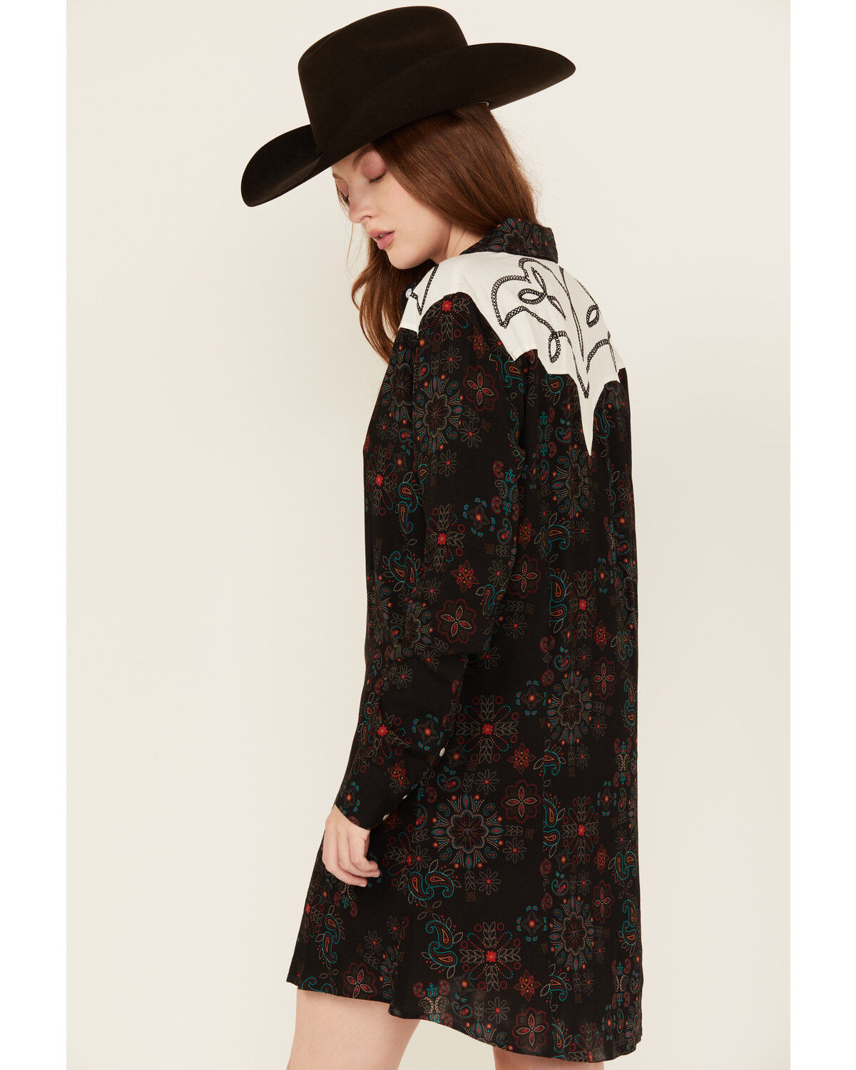 Image #4 - Panhandle Women's Floral Print Embroidered Long Sleeve Snap Western Mini Dress, Black, hi-res