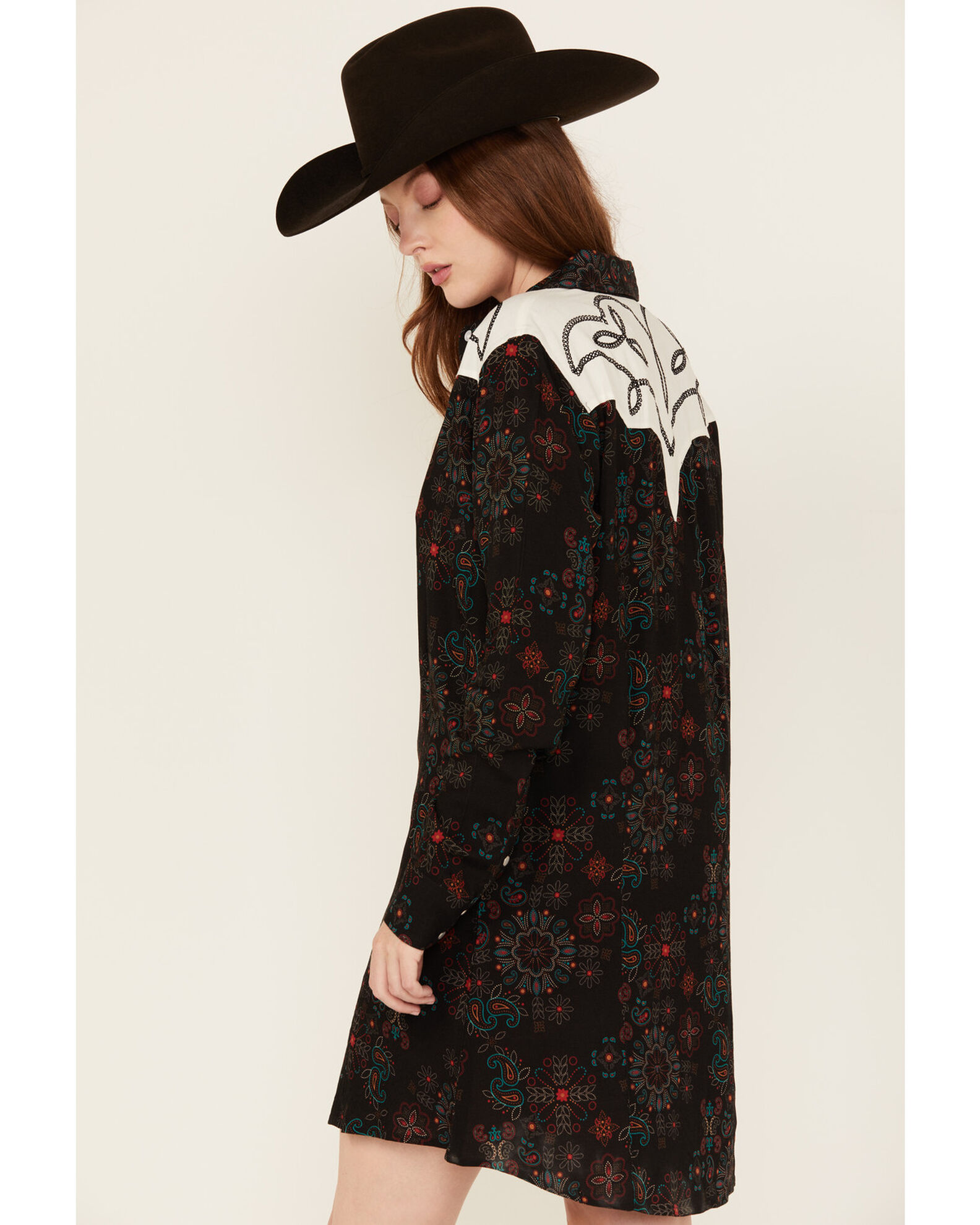 Image #4 - Panhandle Women's Floral Print Embroidered Long Sleeve Snap Western Mini Dress, Black, hi-res