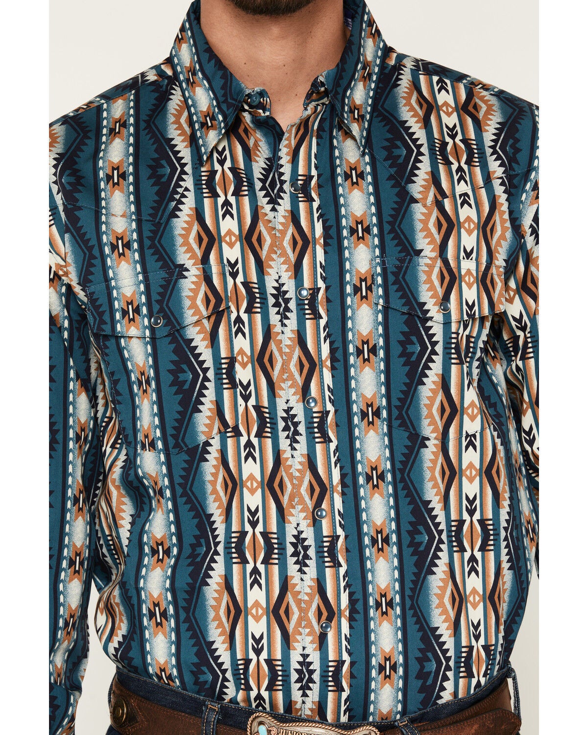 Image #3 - Wrangler Men's Checotah Southwestern Striped Long Sleeve Pearl Snap Western Shirt, Teal, hi-res