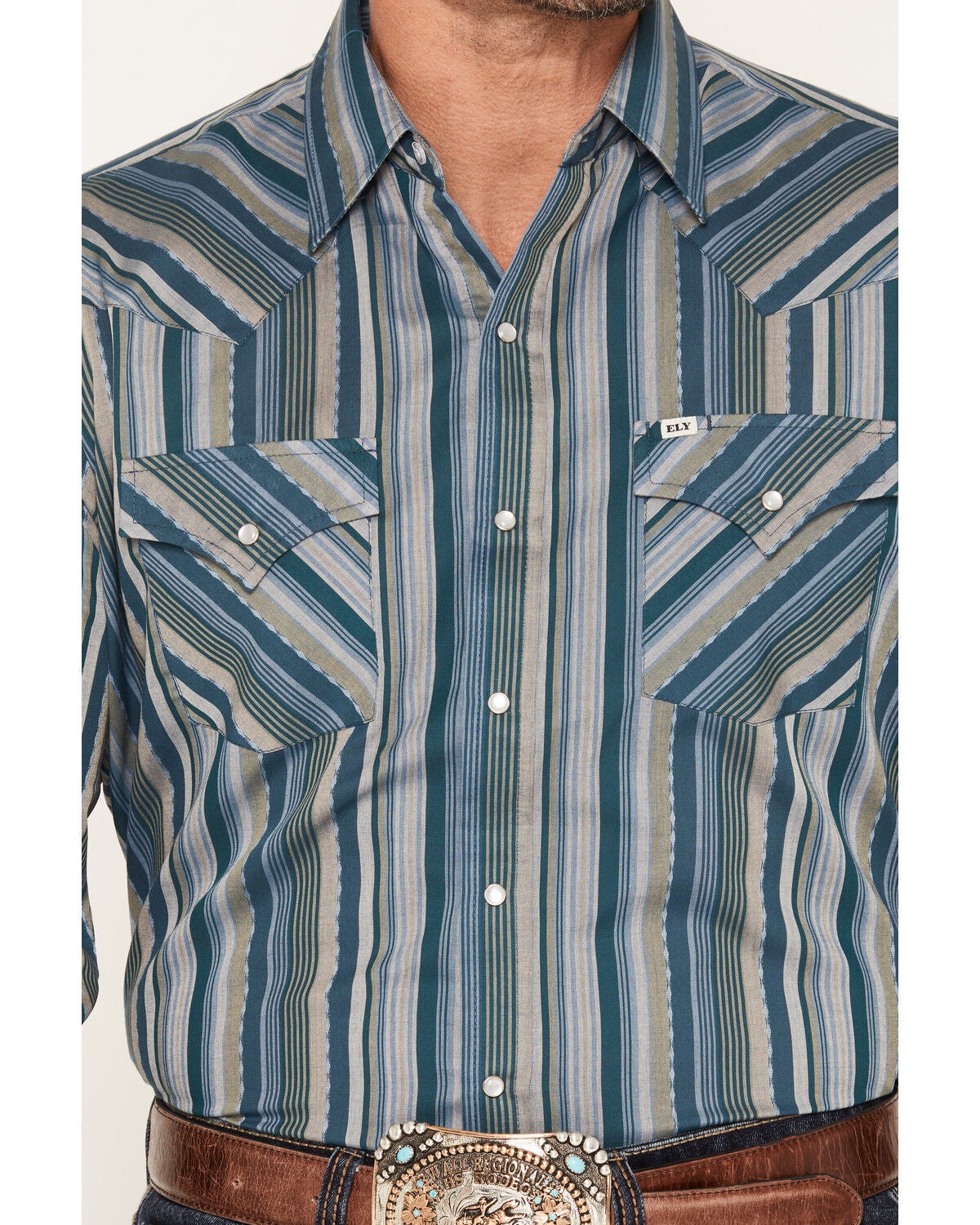 Image #3 - Ely Walker Men's Striped Long Sleeve Pearl Snap Western Shirt, Dark Teal, hi-res