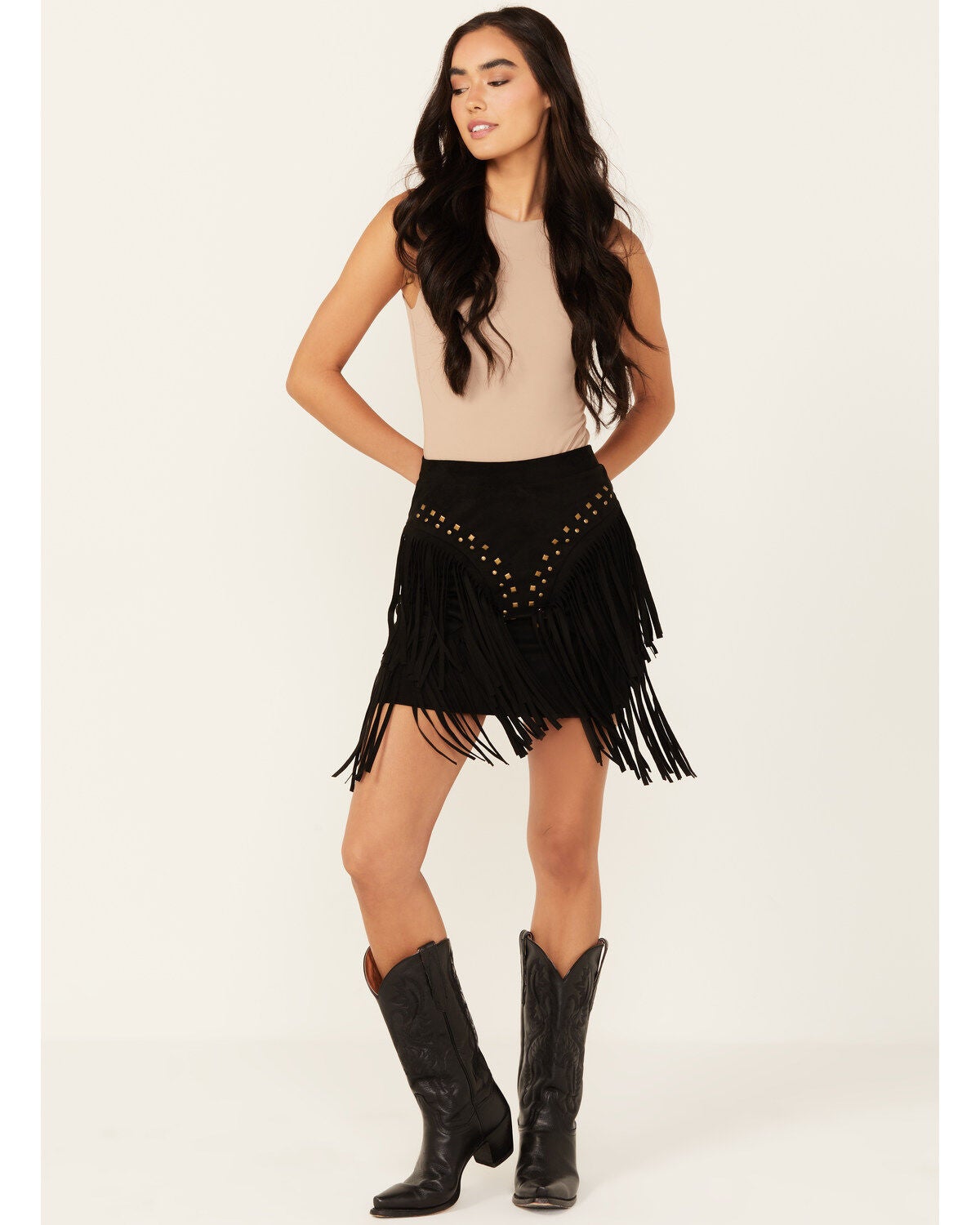 Vocal Women's Studded Fringe Skirt, Black, hi-res