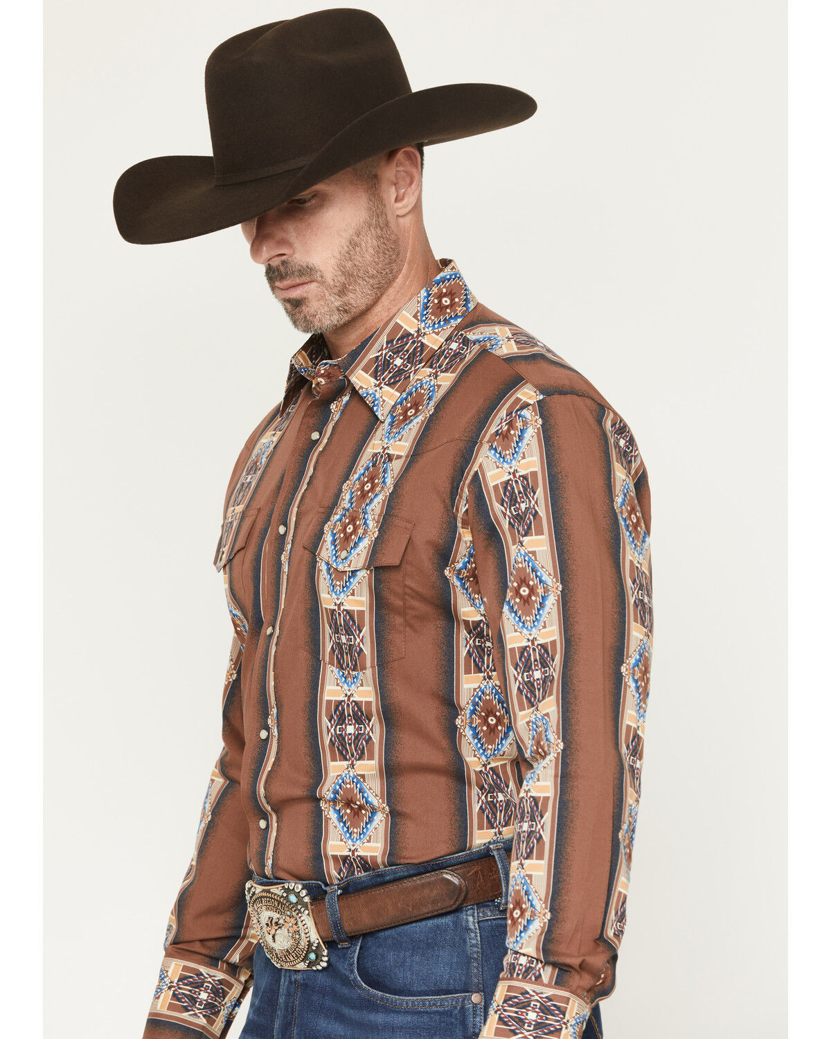 Image #2 - Wrangler Men's Checotah Southwestern Print Long Sleeve Snap Western Shirt, Brown, hi-res