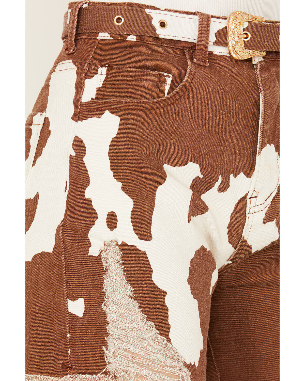 Image #2 - Blue B Women's High Rise Cow Print Belted Shorts, Brown, hi-res