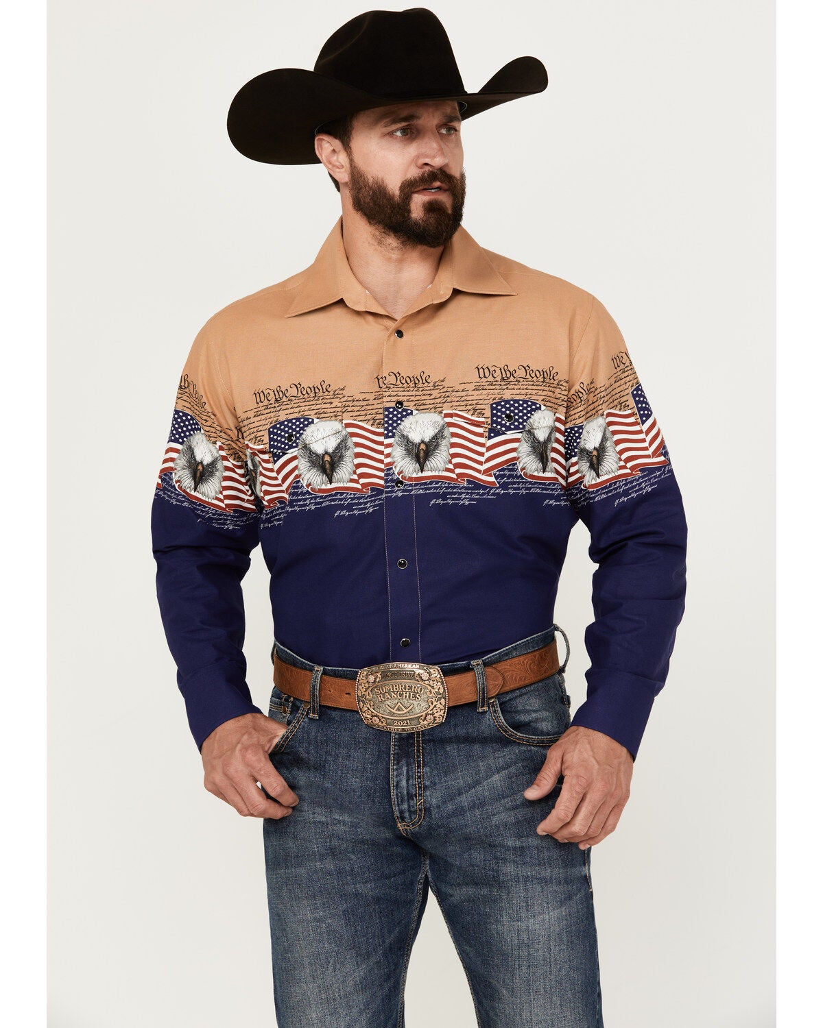 Panhandle Men's We The People Border Long Sleeve Snap Western Shirt, Navy, hi-res