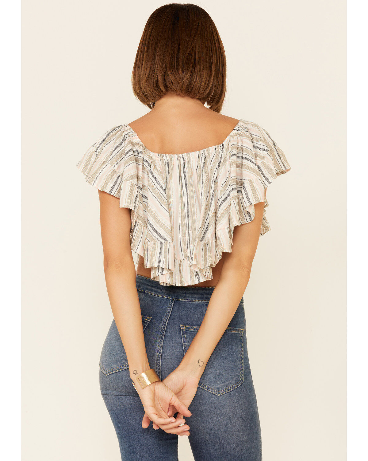Image #3 - Angie Women's Stripe Butterfly Short Sleeve Crop Top, Cream, hi-res