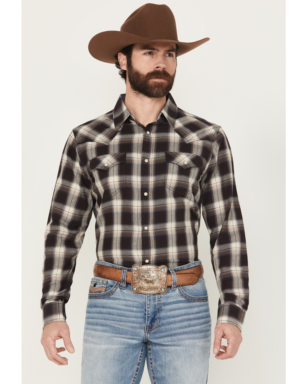 Cody James Men's Cowboy Code Plaid Print Long Sleeve Snap Western Shirt, Brown, hi-res