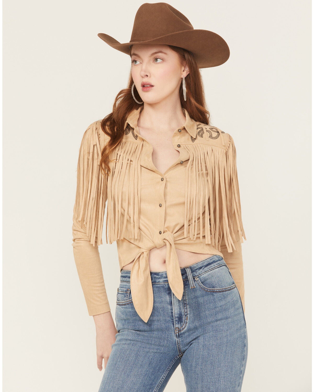 Idyllwind Women's McKinney Faux Suede Long Sleeve Fringe Top, Khaki, hi-res