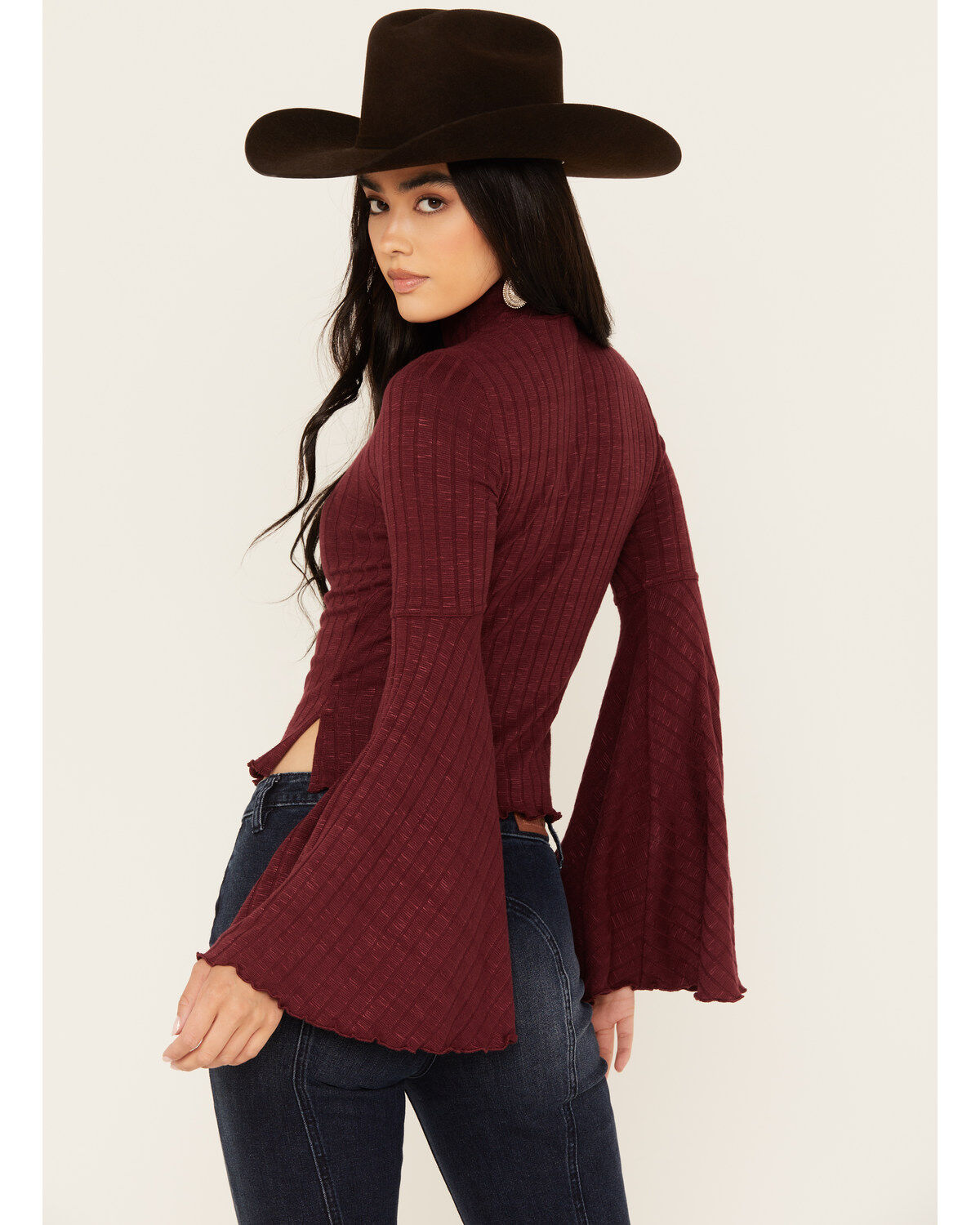 Image #4 - Shyanne Women's Rib Knit Mock Neck Bell Sleeve Top, Maroon, hi-res