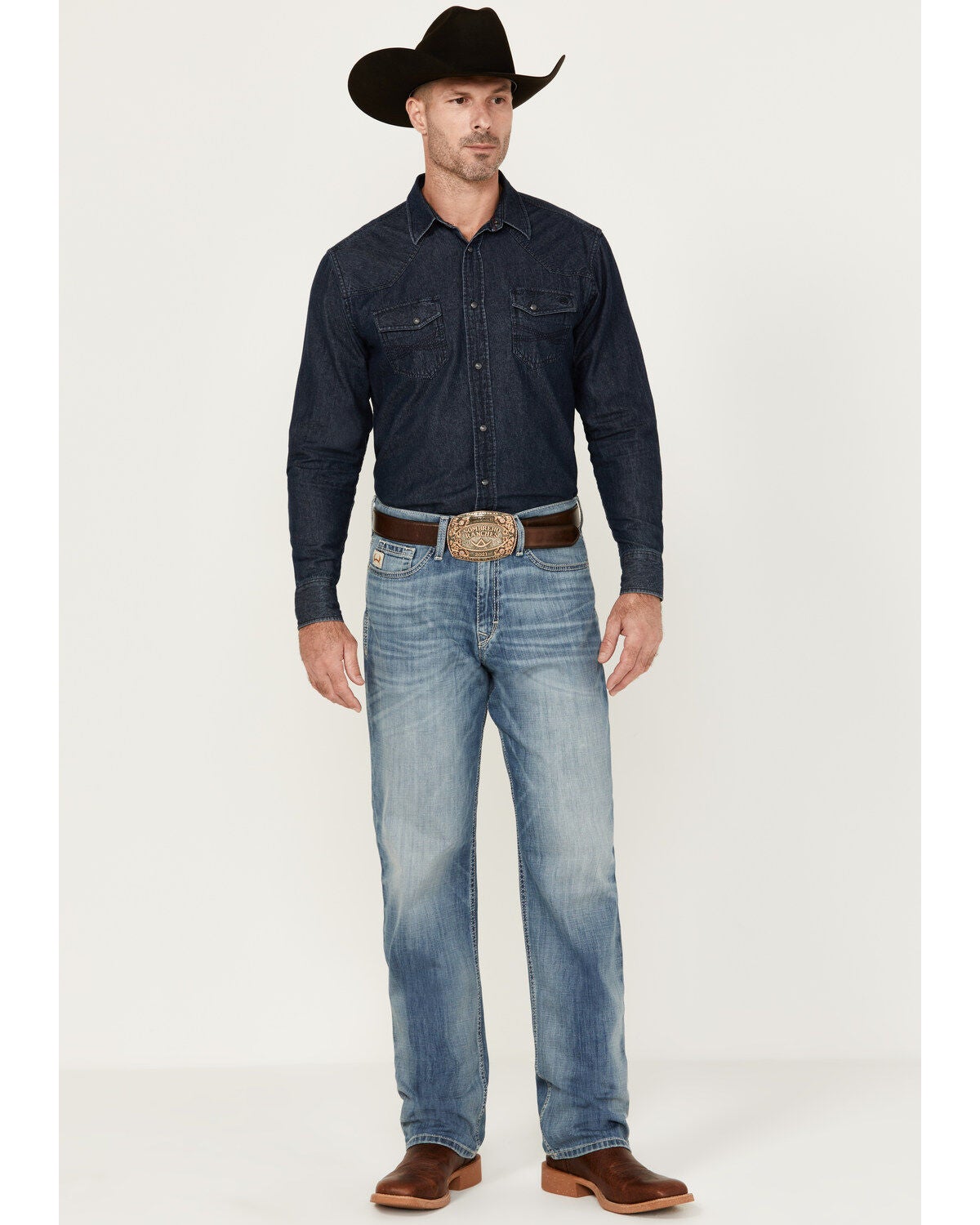 Cinch Men's Sawyer Medium Stonewash Performance Stretch Loose Boot Denim Jeans, Indigo, hi-res