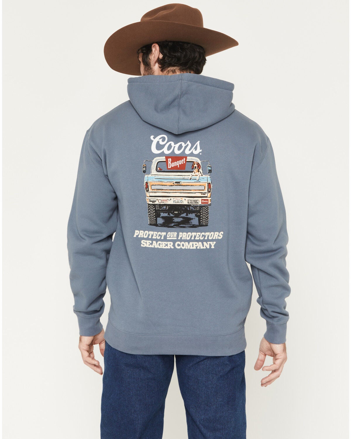 Image #1 - Seager X Coors Banquet Men's Bump Fleece Graphic Hooded Sweatshirt, Blue, hi-res