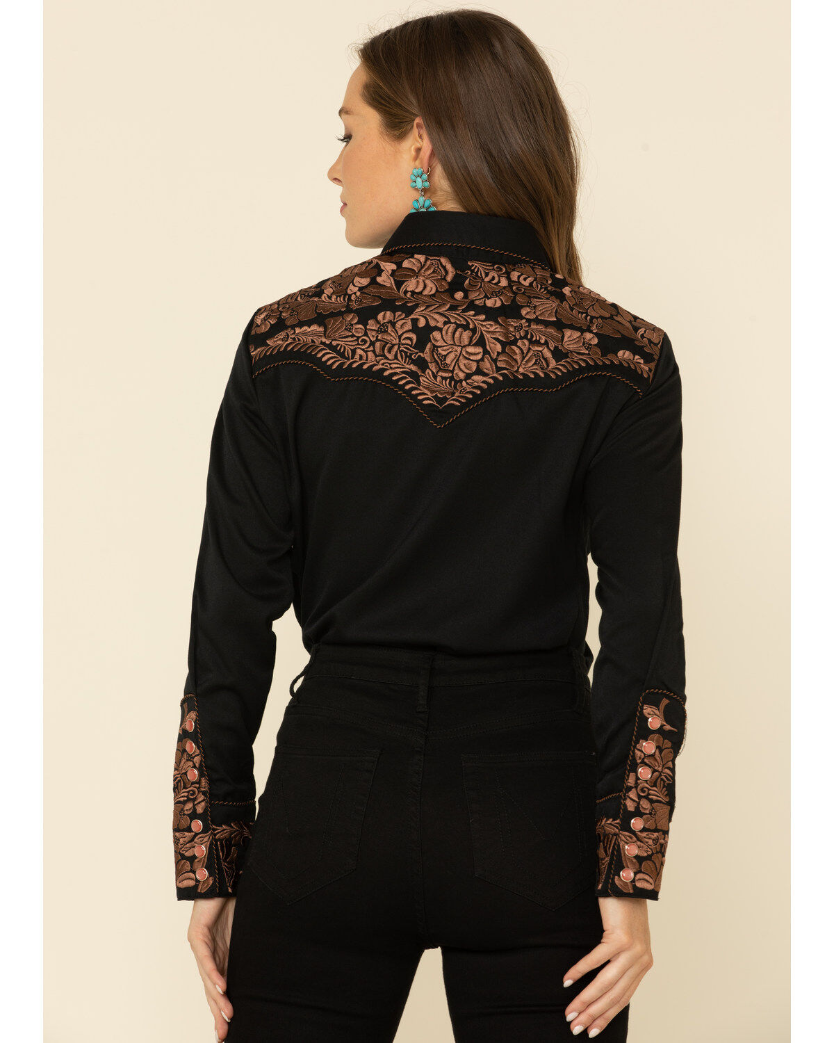 Image #6 - Scully Women's Floral Embroidered Long Sleeve Western Shirt, Black, hi-res