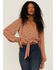 Lush Women's Tie Front Textured Dot Long Sleeve Blouse, Camel, hi-res