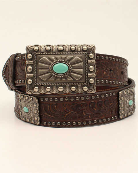 M & F Western Women's Floral Tooled Studded Concho Buckle Belt, Brown, hi-res