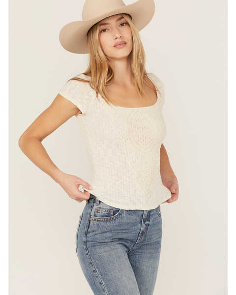 Wild Moss Women's Crochet Ribbed Knit Top, Ivory, hi-res