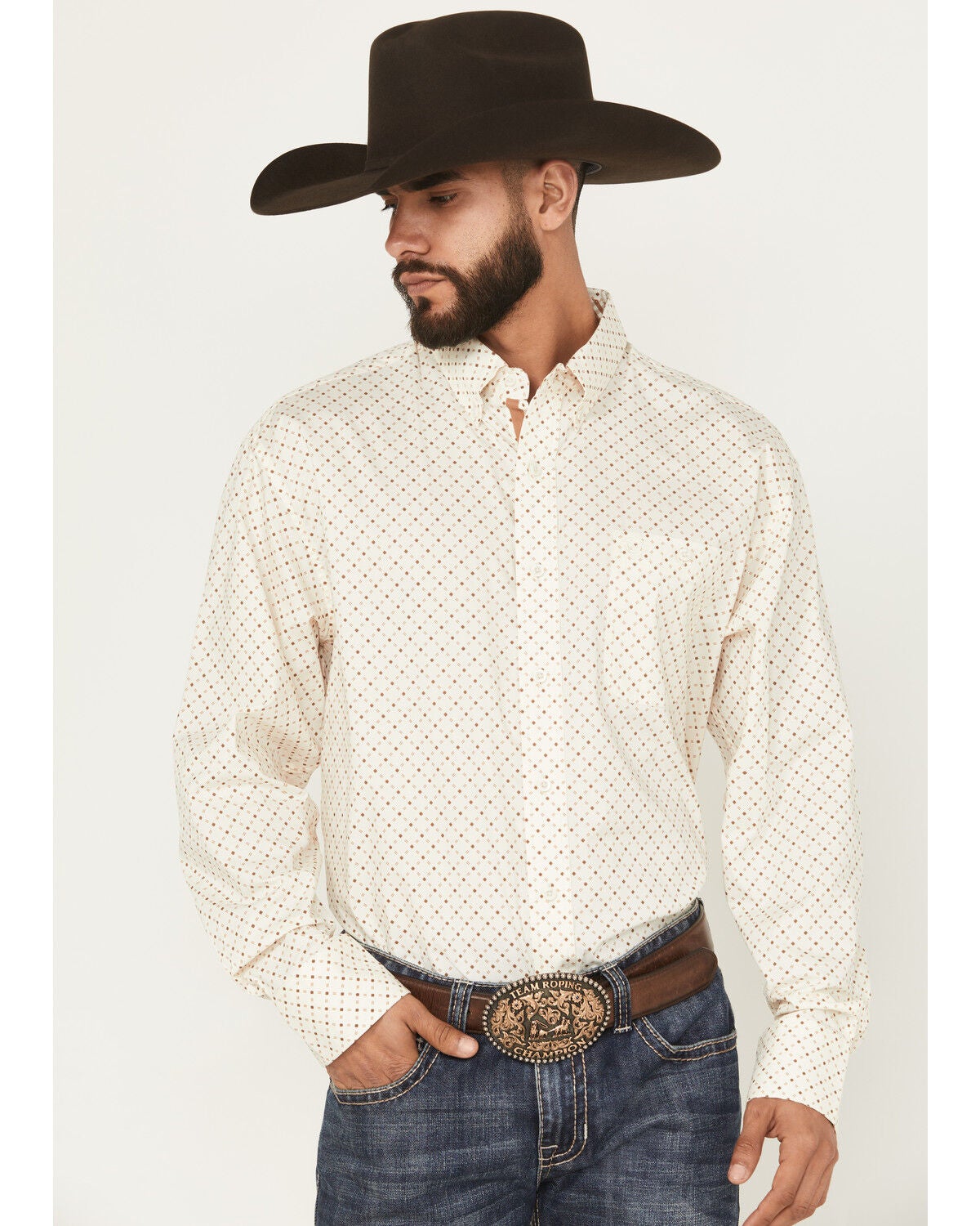 George Strait by Wrangler Men's Geo Print Long Sleeve Button-Down Stretch Western Shirt - Big, White, hi-res