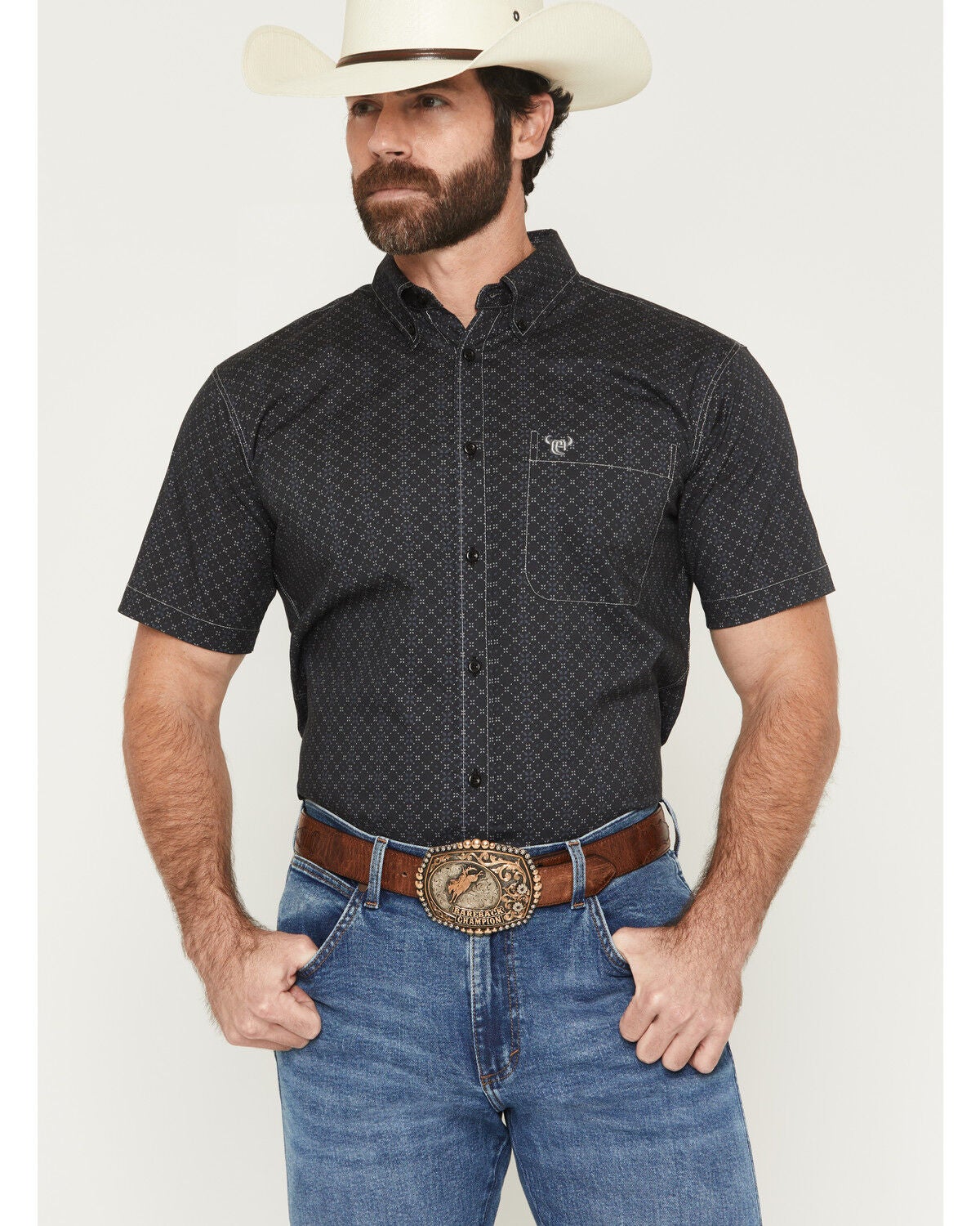Cowboy Hardware Men's Wild Jewel Geo Print Short Sleeve Button-Down Stretch Western Shirt, Black, hi-res