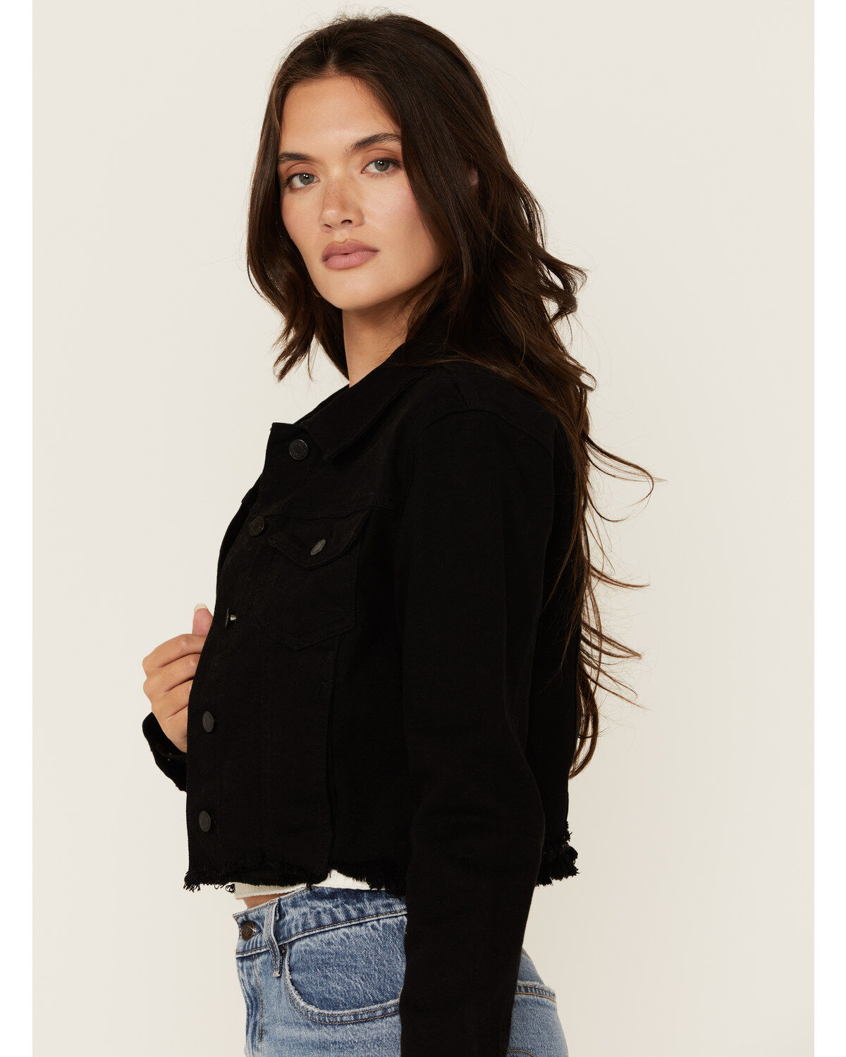Image #2 - Cello Women's Frayed Cropped Denim Jacket, Black, hi-res