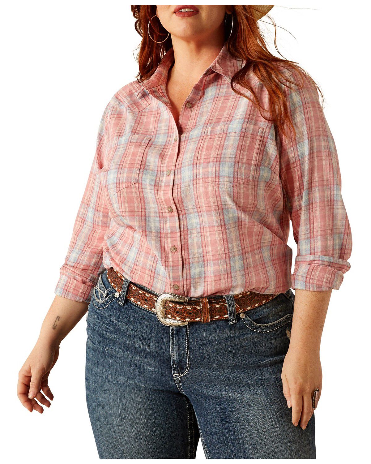 Image #1 - Ariat Women's Billie Jean Plaid Print Long Sleeve Button-Down Western Shirt - Plus, Rose, hi-res