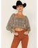 Lush Women's Long Sleeve Cheetah Smocked Crop Top, Cream, hi-res