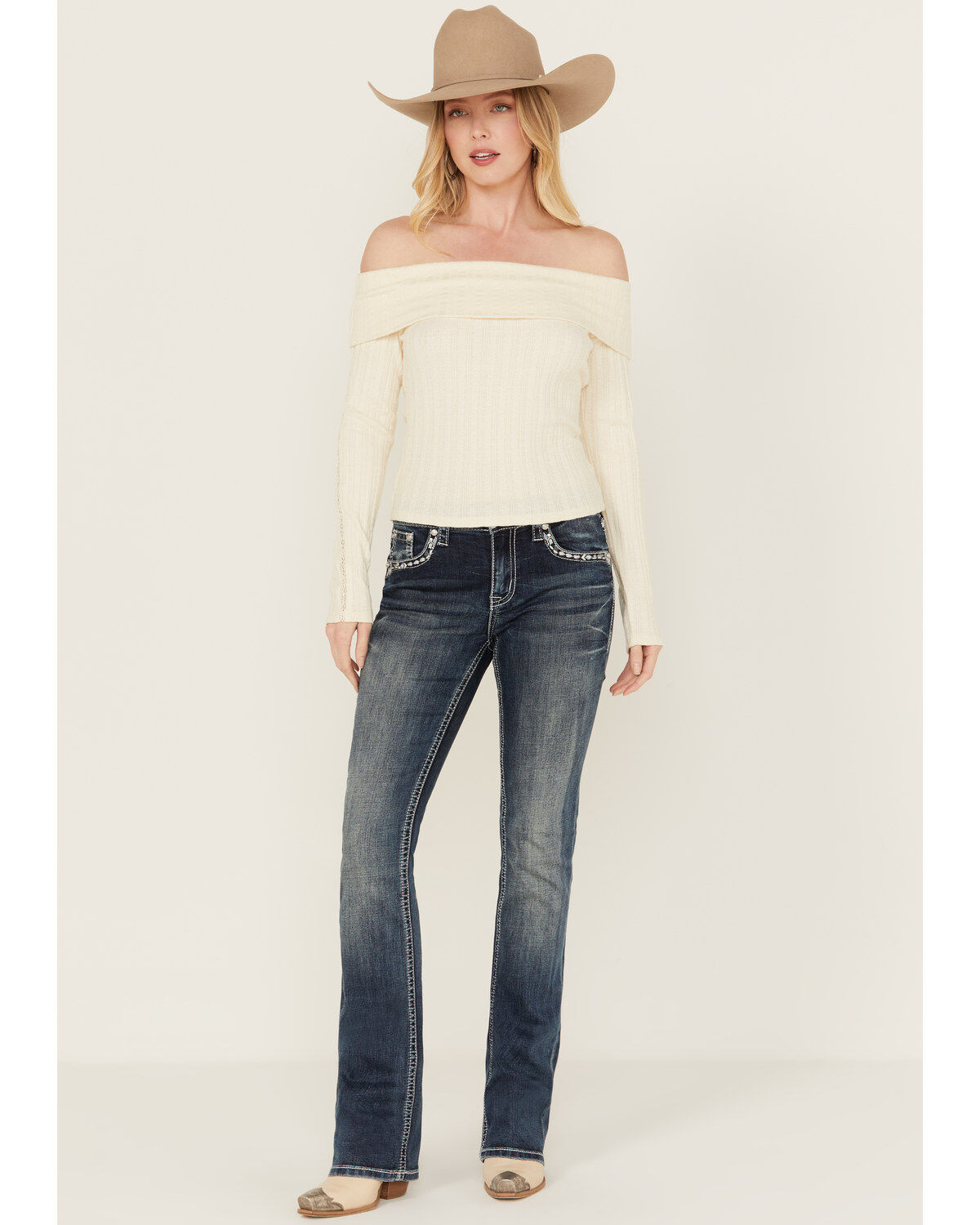 Image #3 - Grace in LA Women's Medium Wash Mid Rise Diamond Pocket Bootcut Stretch Denim Jeans, Medium Wash, hi-res
