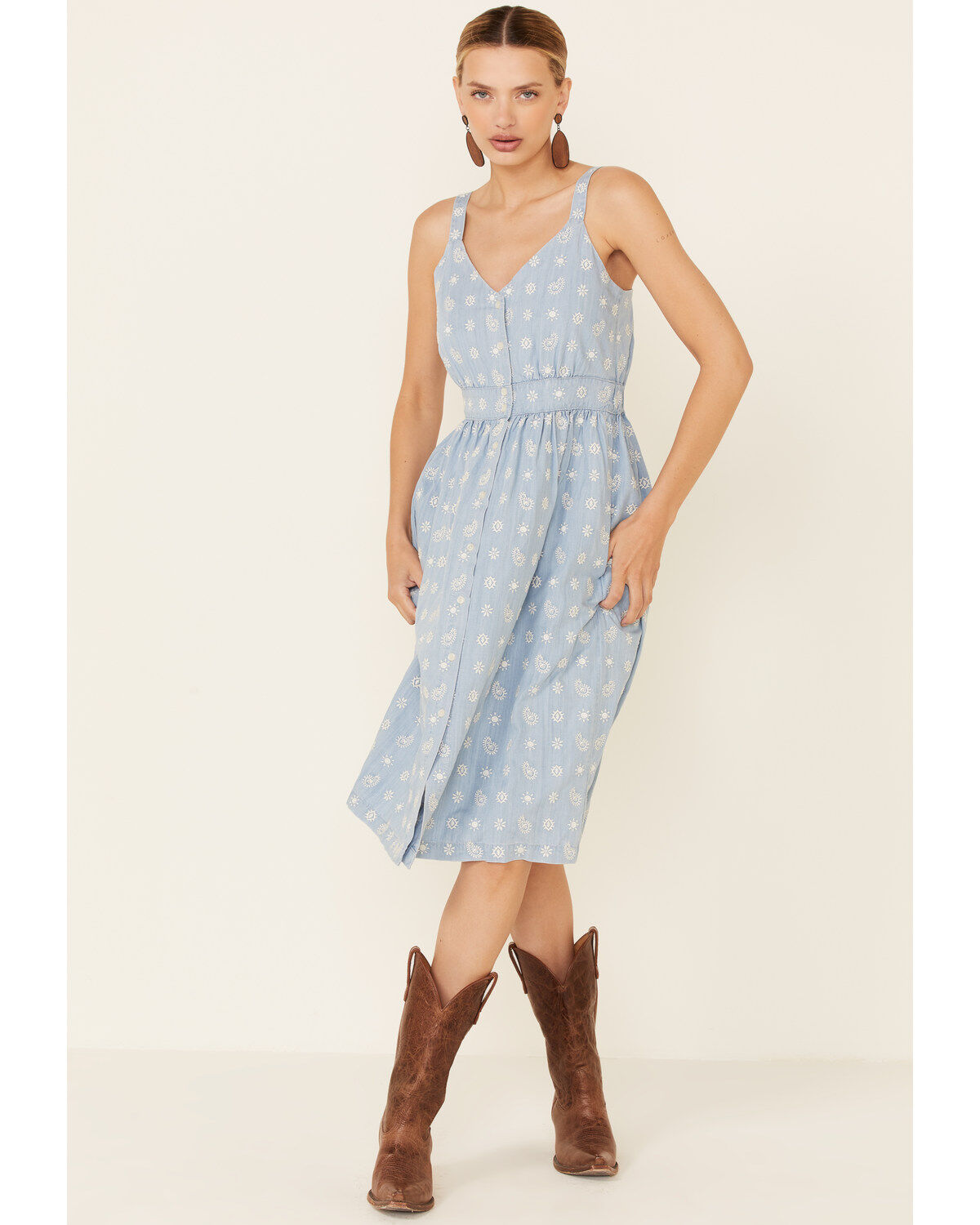 Image #3 - Stetson Women's Embroidered Button Front Midi Dress, Blue, hi-res
