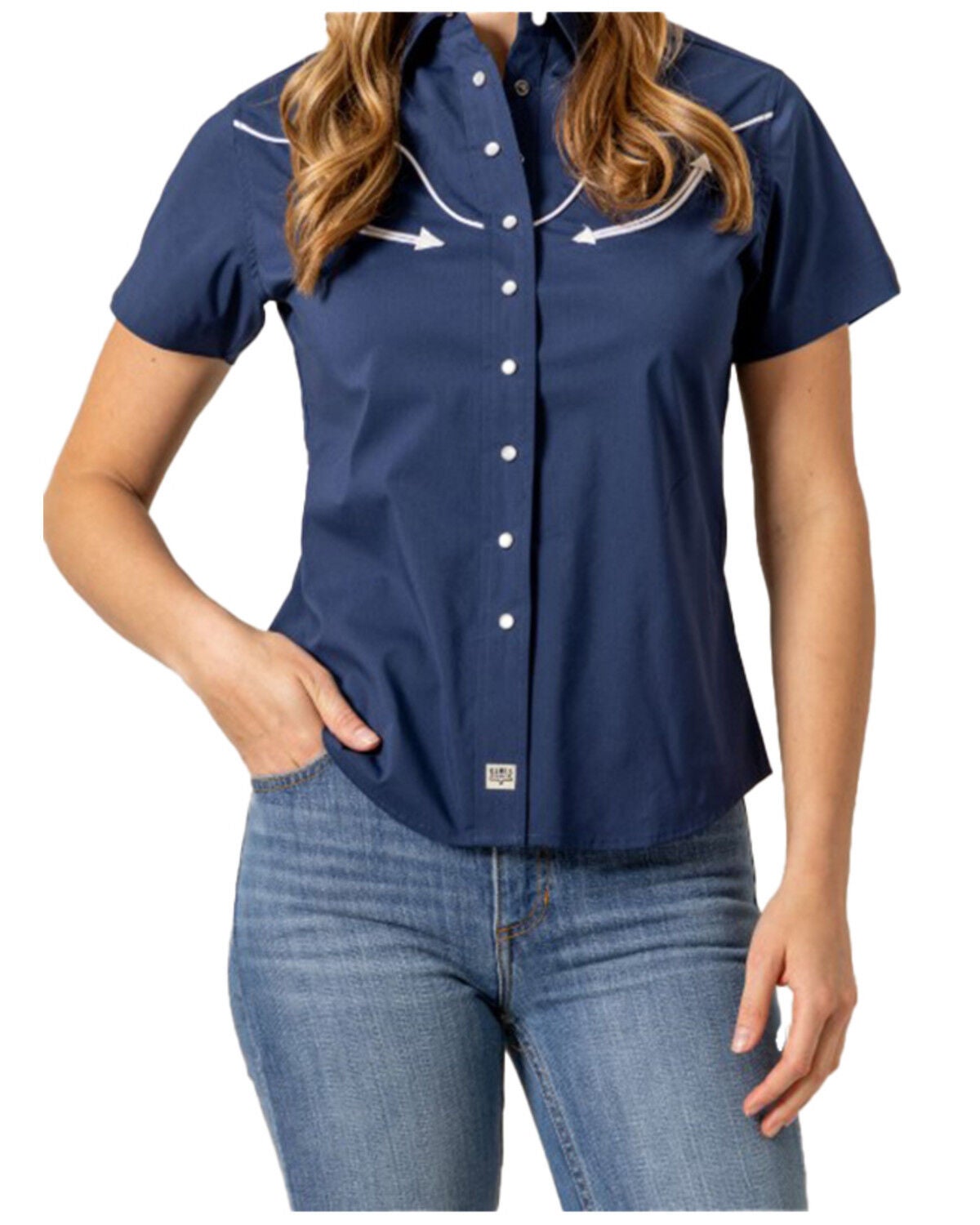 Kimes Ranch Women's Long Horn Solid Short Sleeve Snap Western Shirt, Navy, hi-res