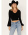 Shyanne Women's Deep V-Neck Bell Sleeve Crop Top, Black, hi-res