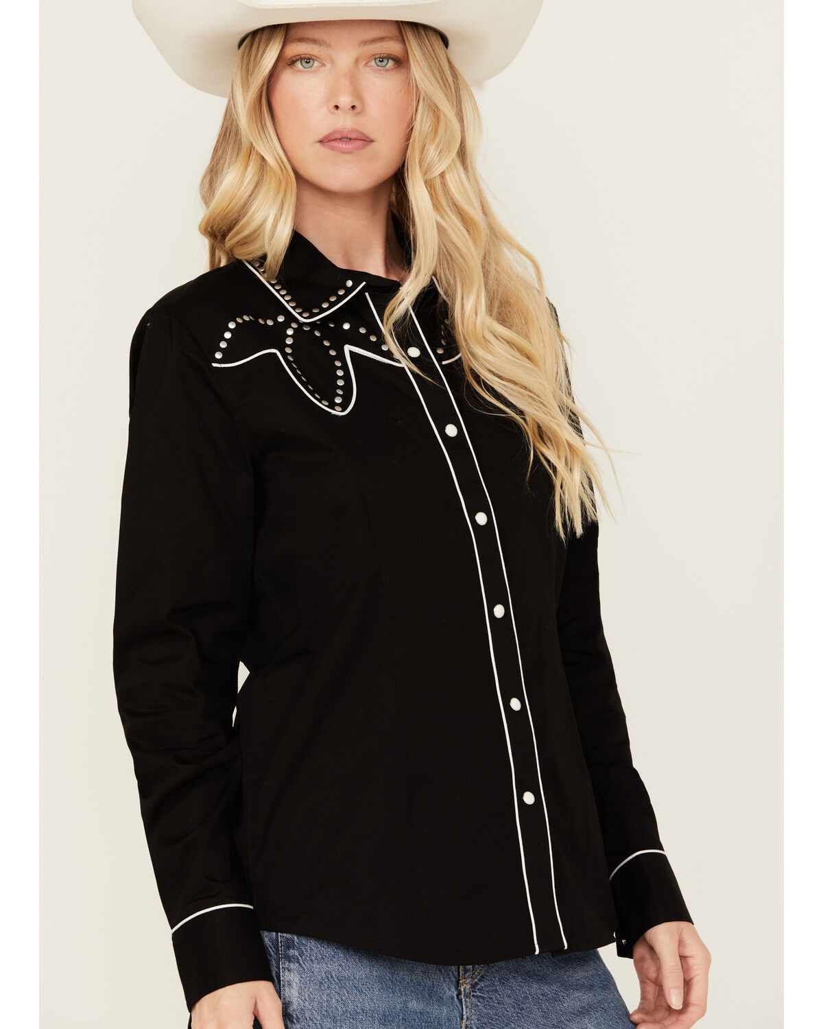 Image #3 - Panhandle Women's Retro Studded Long Sleeve Snap Western Shirt, Black, hi-res