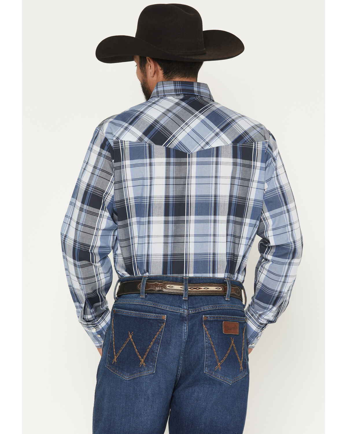 Image #4 - Ely Walker Men's Plaid Print Long Sleeve Pearl Snap Western Shirt - Tall, Blue, hi-res